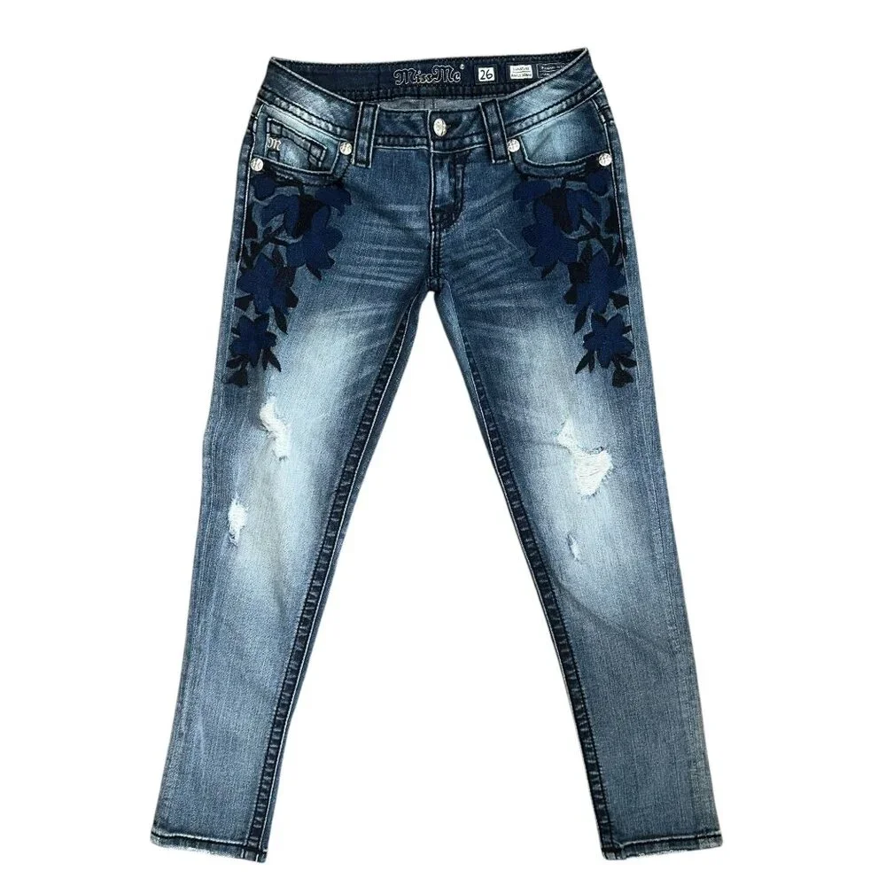 Miss Me JP7668AK Ankle Skinny Womens Jeans 26 26 Embroidered Floral Distressed - Picture 1 of 7